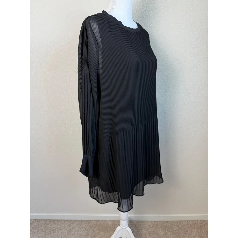 Zara Women Chiffon Mini Dress S Black Pleated Oversized Long Sleeve Shift Lined